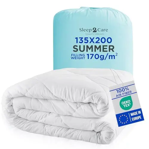 Produktbild: Sleep2Care Sommerdecke 135x200 cm | Leichte & Kühlende Bettdecke für Sommer & Heiße Nächte | Atmungsaktiv & Waschbar bei 60°C | Öko-Tex Zertifiziert | Füllung 170g/m² | Hergestellt in EU