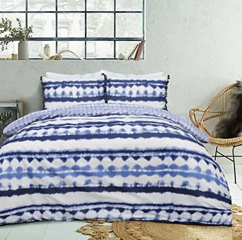 Produktbild: Sleepdown Batik-Bettwäsche-Set mit geometrischem Muster, wendbar, weich, pflegeleicht, Einzelbett, 135 x 200 cm, Blau/Weiß