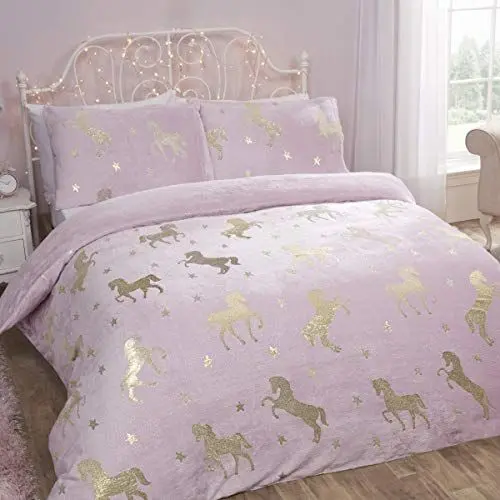 Produktbild: Sleepdown Bettwäsche-Set aus Folien, Flanell, Einhorn, Rouge-Sterne, wendbar, weich, mit Kissenbezügen, 200 x 200 cm