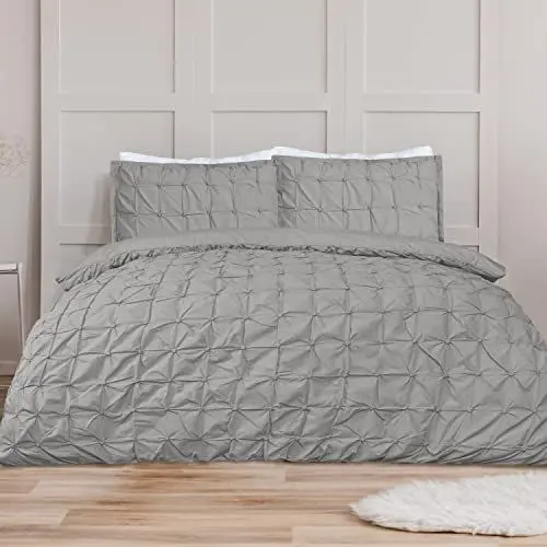 Produktbild: Sleepdown Bettwäsche-Set mit Kissenbezügen, Biesenmuster, pflegeleicht, weich, 220 x 230 cm, Grau
