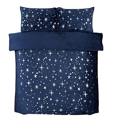 Produktbild: Sleepdown Bettwäsche-Set mit Kissenbezügen, verstreute Sterne, Fleece, einfarbig, warm, weich, kuschelig, für Einzelbett (135 x 200 cm), Blau