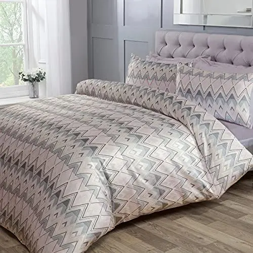 Produktbild: Sleepdown Chevron Jacquard Zig Zag Geometrische Streifen Soft Pink Grau Luxuriöse Bettwäsche Set mit Kissenbezügen – Super King Size (220 x 260 cm)