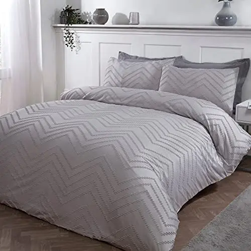 Produktbild: Sleepdown Geo-Bettwäsche-Set mit Kissenbezügen, getuftet, gewellt, nordisches Geo, grau, weich, gemütlich, pflegeleicht, luxuriös, Bettbezug mit Kissenbezug, Einzelbett (135 x 200 cm)