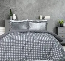 Produktbild: Sleepdown Gingham-Karo, grau, einfarbige Rückseite, weich, pflegeleicht, Bettbezug mit Rüschenrand-Kissenbezug – Einzelbett (135 x 200 cm)