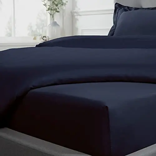Produktbild: Sleepdown Spannbetttuch, 100% Baumwollsatin, weich, gemütlich, 40 cm, extra tief, Fadenzahl 300, Luxus-Bettwäsche, Bettwäsche, Marineblau – King Size