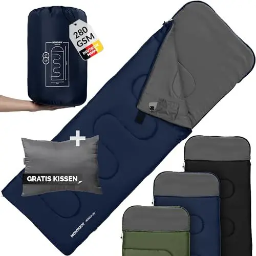 Produktbild: MONTARAY Deckenschlafsack mit Kapuze bis -5°C INKL. Kissen - Outdoor Winter-Schlafsack & Sommer-Schlafsack 280GSM 3-4 Jahreszeiten - Hütten-Schlafsack Damen & Herren - Sleeping Bag warm, Ultra-leicht