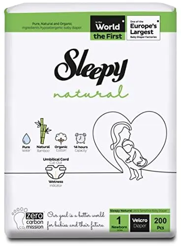 Produktbild: Sleepy Natural Baby Windeln Größe 1 (2-5 Kg) - MONATSBOX, Für Empfindliche Babys, 200 Stück (5 Packungen mit 40)