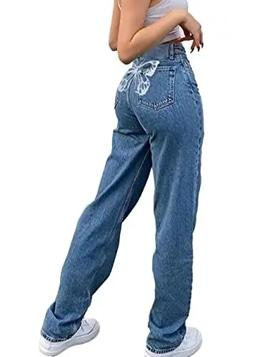 Produktbild: s.lemon High Waist Boyfriend Jeans Damen,90er Y2K Butterfly Muster Weite Straight Bein Blaue Hosen Jeans,Blue M
