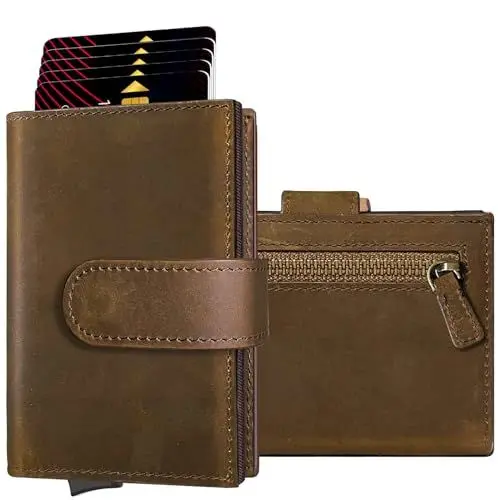 Produktbild: Slim Wallet mit Münzfach | Credit Card Holder klein | Mini mit RFID Schutz | Pop-up-Kartenetui für 12 Karten | Geldbeutel Herren | Portemonnaie | Herren Geldbörse klein | Herren Kreditkartenetui