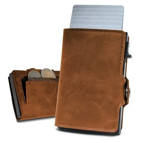 Produktbild: slimfin® Slim Wallet mit Münzfach - Kartenetui - Geldbeutel Herren - Geldbörse - Portemonnaie - Portmonee - Card Holder klein/Mini mit RFID Schutz - Hellbraun