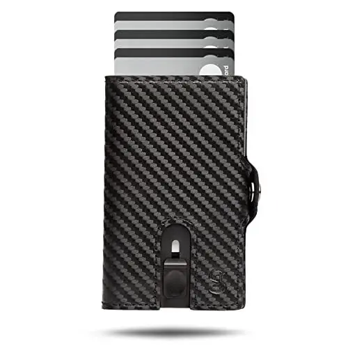 Produktbild: SLIMJACK Smart Wallet mit Münzfach - Kreditkartenetui mit RFID-Schutz - Geldbeutel für Herren - Aluminium-Kartenhalter - Smart Wallet für Karten & Münzen - Carbon Stil