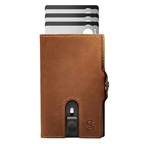 Produktbild: SLIMJACK Smart Wallet mit Münzfach - Kreditkartenetui mit RFID-Schutz - Geldbeutel für Herren - Aluminium-Kartenhalter - Smart Wallet für Karten & Münzen - Hellbraun Leder