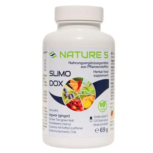Produktbild: SLIMODOX® von Nature 5® - 120 Kapseln - BIO Ingwer, BIO Grüner Tee, Aroniabeere, BIO Guarana mit 3,5 % Koffein, BIO Kurkuma, BIO Chili - vegan, in Deutschland hergestellt & geprüft
