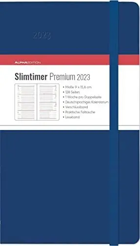 Produktbild: Slimtimer Premium Blue 2023 - Taschen-Kalender 9x15,6 cm - mit Verschlussband & Falttasche - Balacron Einband - Weekly - 128 Seiten - Alpha Edition