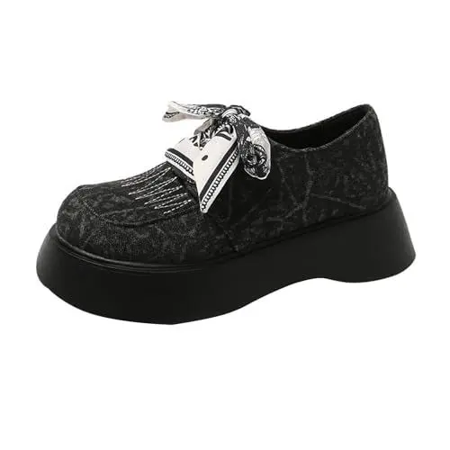 Produktbild: Generisch Schuhe Damen Hellblau Damen Frühling und Denim Loafers mit Dicker Sohle Schnürschuhe Retro Freizeitschuhe Schuhe Krankenschwester Damen (Black, 35)