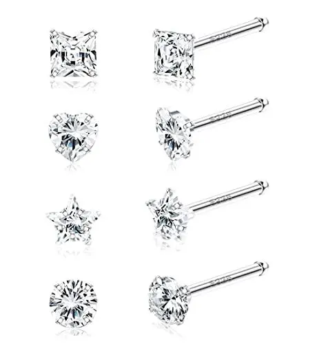 Produktbild: Sllaiss 20G Nasenstecker 8 Stücke Sterling Silber Nasenstecker für Frauen Verschiedene Formen Zirkonia Nasenstecker Nasenpiercing Schmuck Rundes Quadrat Herz Stern Nasenstecker 3MM Gerade
