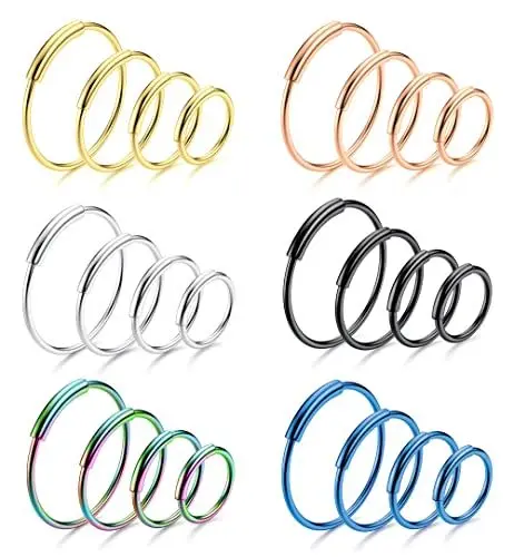 Produktbild: Sllaiss 24 Stück 22G Edelstahl Nasenring Reifen für Frauen Männer 6mm 8mm 10mm 12mm Schwarz Blau Silber Rose Gold Nasenring Piercing Schmuck Set Helix Tragus Lippe Septum Ring(Stil B)