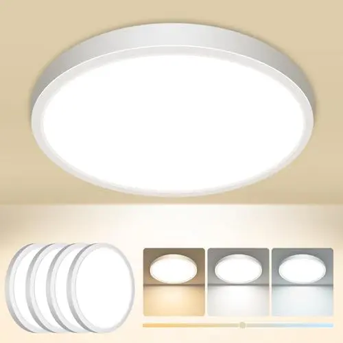 Produktbild: Slochi 4Stück Deckenlampe LED Deckenleuchte Flach, 3Farben 3000K/4000K/6500K, IP44 Wasserfest Rund Badlampe Decke, 12W 1600LM Modern LED Lampen für küche Badezimmer Schlafzimmer Flur Wohnzimmer, Ø16CM