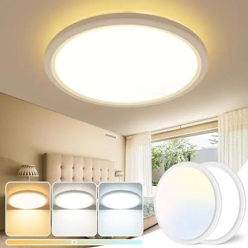 Produktbild: slochi 23CM LED Deckenleuchte, 2 Stück Deckenlampe 3000K/4000K/6500K, 18W 1800LM Flach Rund badlampe Decke, Wasserfest Deckenlampen Lampen für Badezimmer Küche Flur Keller Balkon