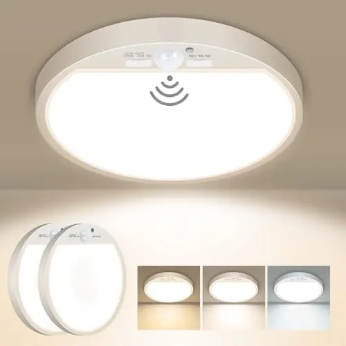 Produktbild: slochi 2 Stück LED Deckenleuchte mit Bewegungsmelder Innen, 15W 1500LM Deckenlampe mit Bewegungssensor, 3000K/4000K/6500K, 18cm Rund Sensor Licht für Flur Treppe Küche Balkon Abstellraum Garage