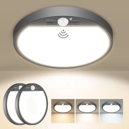 Produktbild: slochi 2 Stück LED Deckenleuchte mit Bewegungsmelder Innen, 15W 1500LM Deckenlampe mit Bewegungssensor, 3000K/4000K/6500K, 18cm Rund Sensor Licht für Flur Treppe Küche Balkon Garage, Schwarz