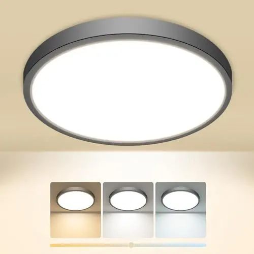 Produktbild: slochi Deckenlampe LED Deckenleuchte Flach, 3Farben - 3000K/4000K/6500K, IP44 Wasserfest Rund Badlampe, 12W 1600LM Modern LED Lampen für küche Badezimmer Schlafzimmer Flur Wohnzimmer, Ø16CM Schwarz