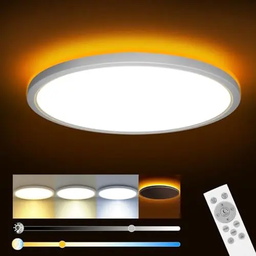 Produktbild: slochi LED Deckenleuchte, 24W 2800LM Deckenlampe Flach Dimmbar mit Fernbedienung, 1800K Nachtlicht Warm, 3000K-6500K, Ultra Dünn Schlafzimmer Lampe für Schlafzimme Wohnzimmer Kinderzimmer-Rund Weiss