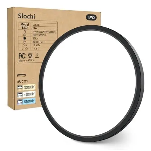 Produktbild: slochi LED Deckenleuchte Flach 24W 2800LM, 3Farben - 3000K/4000K/6500K, Ø30CM Deckenlampe IP54 Wasserfest Rund Badlampe, Modern LED Lampen für küche Badezimmer Schlafzimmer Flur Wohnzimmer, Schwarz