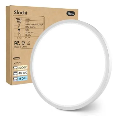 Produktbild: slochi LED Deckenleuchte Flach 24W 2800LM, 3Farben - 3000K/4000K/6500K, Ø30CM Deckenlampe IP54 Wasserfest Rund Badlampe, Modern LED Lampen für küche Badezimmer Schlafzimmer Flur Wohnzimmer, Weiß