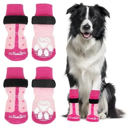 Produktbild: SlowTon 2 Paar Indoor Anti-Rutsch Socken für Hunde, weicher Verstellbarer Pfotenschutz mit Klettverschluss für Hartholzböden in Innenräumen, Hundesocken für kleine, mittlere große Hunde(Rosenrot, M)