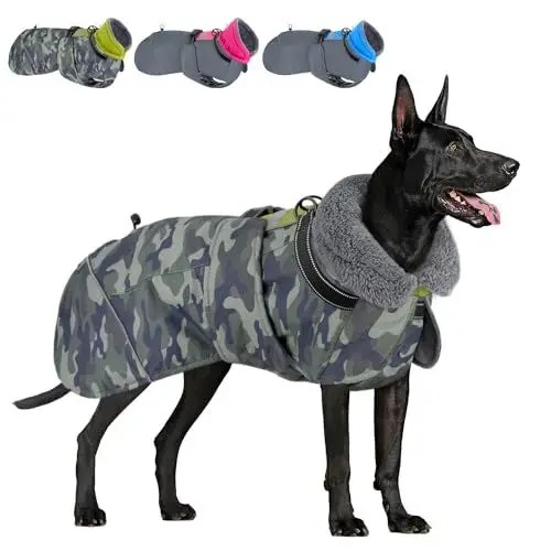 Produktbild: SlowTon Hundemantel Winter, wasserdichte verstellbare Fleecefutter Hundejacke mit Turtleneck und Kordelzug, reflektierender Wintermantel für kleine mittlere und große Hunde im Freien(Tarngrün, XL)