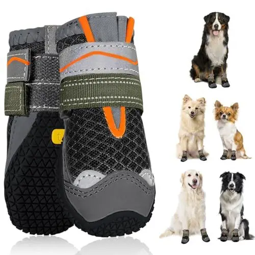 Produktbild: SlowTon Hundeschuhe Pfotenschutz, 2 Stück atmungsaktive Hunde Schuhe Outdoor mit Rutschfester Sohle, verstellbarem reflektierendem Klettverschluss Hundestiefel für kleine, mittlere und große Hunde