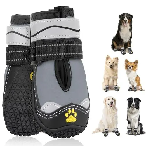 Produktbild: SlowTon Hundeschuhe Pfotenschutz, 2 Stück wasserdichte Hunde Schuhe Outdoor mit Rutschfester Sohle, reflektierendem Klettverschluss Hundestiefel für kleine mittlere große Hunde Winter(S-Grau, Size 5)
