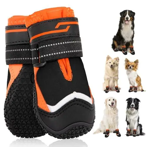 Produktbild: SlowTon Hundeschuhe Pfotenschutz, 2 Stück wasserdichte Hunde Schuhe Outdoor mit rutschfester Sohle, reflektierendem Klettverschluss Hundestiefel für kleine mittlere große Hunde Winter(S-Orange, Size6)