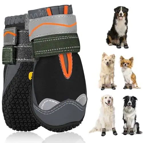 Produktbild: SlowTon Hundeschuhe Pfotenschutz, 2 Stück wasserdichte Hunde Schuhe Outdoor mit rutschfester Sohle, reflektierendem Klettverschluss Hundestiefel für kleine mittlere große Hunde Winter(Schwarz, Size 6)