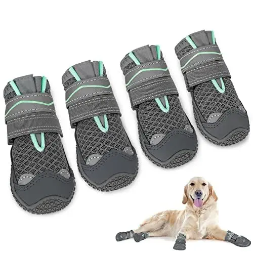 Produktbild: SlowTon Hundeschuhe Pfotenschutz, 4 Stück atmungsaktive Hunde Schuhe Outdoor mit Rutschfester Sohle, verstellbarem reflektierendem Klettverschluss Hundestiefel für kleine, mittlere und große Hunde