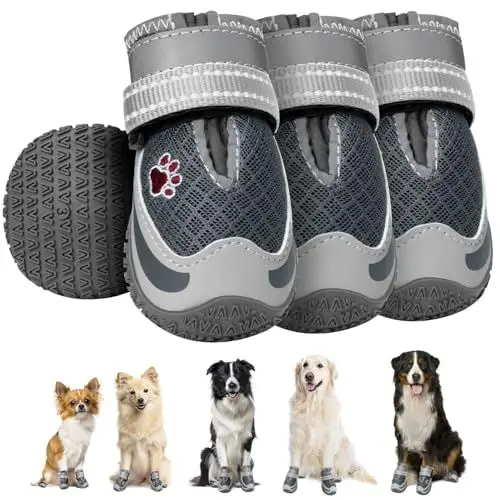 Produktbild: SlowTon Hundeschuhe Pfotenschutz, 4 Stück atmungsaktive Hundeschuhe mit Rutschfester Sohle, verstellbarem reflektierendem Klettverschluss wasserdichte Hundeschuhe für kleine, mittlere und große Hunde