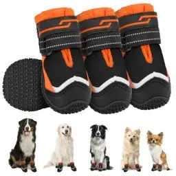 Produktbild: SlowTon Hundeschuhe Pfotenschutz, 4 Stück wasserdichte Hunde Schuhe Outdoor mit rutschfester Sohle, reflektierendem Klettverschluss Hundestiefel für kleine mittlere große Hunde Winter(S-Orange, Size7)