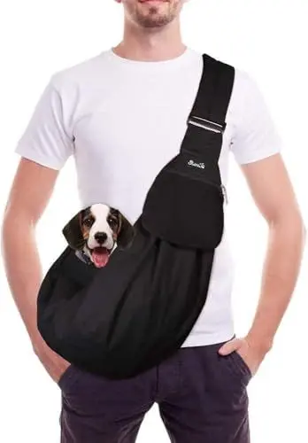 Produktbild: SlowTon Hundetragetasche, Haustier Hundetasche mit verstellbarem, gepolstertem Schultergurt und Fronttasche Tragetasche Hund für Spaziergang Aktivitäten im Freien und Ausflüge(Schwarz-Wasserdicht)