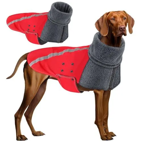Produktbild: SlowTon Wintermantel für Hunde, Warmes Futter aus Polar Fleece Außenjacke für Hunde mit Rollkragenschal Reflexstreifen Einstellbar Wasserdicht Winddicht Welpenweste Weiches Haustier (L+, Rot)