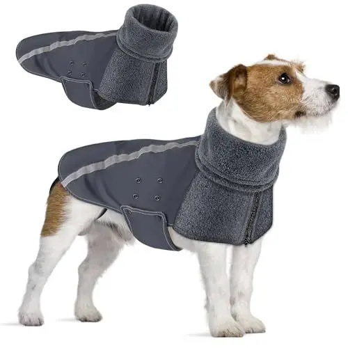 Produktbild: SlowTon Wintermantel für Hunde, Warmes Futter aus Polar Fleece Außenjacke für Hunde mit Rollkragenschal Reflexstreifen Einstellbar Wasserdicht Winddicht Welpenweste Weiches Haustier (S, Grau)