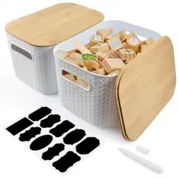 Produktbild: SLTAXAR 2 Stück Aufbewahrungsbox mit Deckel Bambus Aufbewahrungsboxen 25.5*18*15cm Kunststoff Aufbewahrungskorb Stapelbare Kleine Vorratsdose mit Griffen Organizer box mit Deckel Bambus für Küche Bad