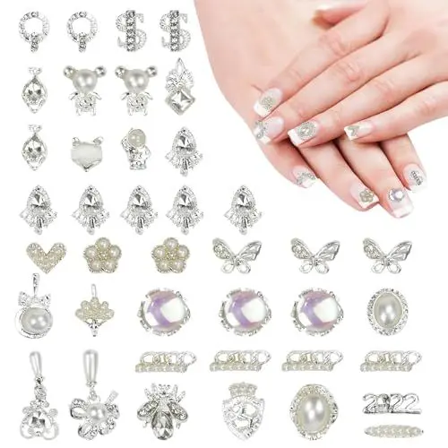 Produktbild: SLTAXAR 40 Stück Luxus Zirkon Nagel Overlays Nägel Silber Nail Art Charms 3D Legierung Blume Schmetterling Nagelschmuck Strasssteine Nägel Metall Nagel Anhänger Nagelschmuck für Gelnägel Zubehör