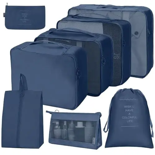 Produktbild: SLTAXAR 8 teilig Koffer Organizer Set Kleidertaschen Packing Cubes set für Koffer Reißverschluss Packtaschen set Wasserdichte Packwürfel Koffer Leicht Reise Würfel set für Urlaub Reisen Navy Blau