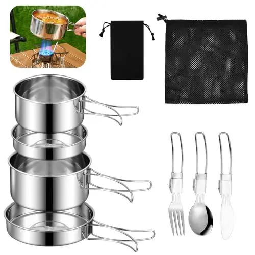 Produktbild: SLTAXAR Camping Kochgeschirr Set Edelstahl Kochtopf mit Pfanne Outdoor Kochgeschirr Picknick Topf 2-3 Personen Tragbarer Camping Topf Pfanne Set Stapelbar für Picknick Backpacking Camping Wandern