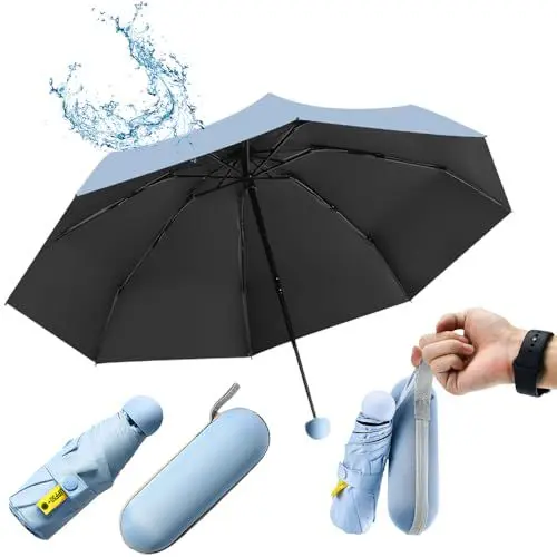 Produktbild: SLTAXAR Kompakter Regenschirm Sturmfest mit 8 Rippen Taschenschirm Blau Mini Umbrella Pocket Taschenschirme Faltender UV-Regenschirm Minischirm Leicht Mini Schirm Damen Perfekt für Jede Handtasche