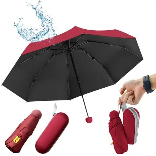 Produktbild: SLTAXAR Kompakter Regenschirm Sturmfest mit 8 Rippen Taschenschirm Burgundy Mini Umbrella Pocket Taschenschirme Faltender UV-Regenschirm Minischirm Leicht Mini Schirm Damen Perfekt für Jede Handtasche