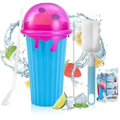 Produktbild: Slush Becher, 500ml Slush Eis Maker für Kinder, Silikon Squeeze Cup, Quick Frozen Slushie Maker, Slushy Maker mit 2 IN 1 Strohhalm/Löffel, Slushy Becher zum Kneten für DIY Cola, Saft (Blau)