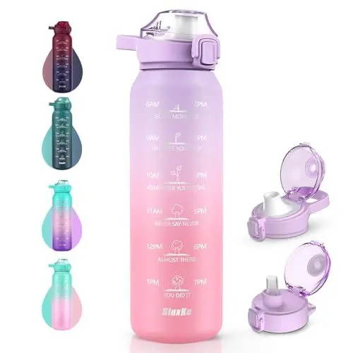 Produktbild: SLUXKE Trinkflasche Edelstahl 500ml mit Griffe, 0.5 Liter Thermosflasche mit Premium Auslaufsichere Deckel für Schule, Fitness Fitnessstudio, Wandern, Camping LILA ROSA