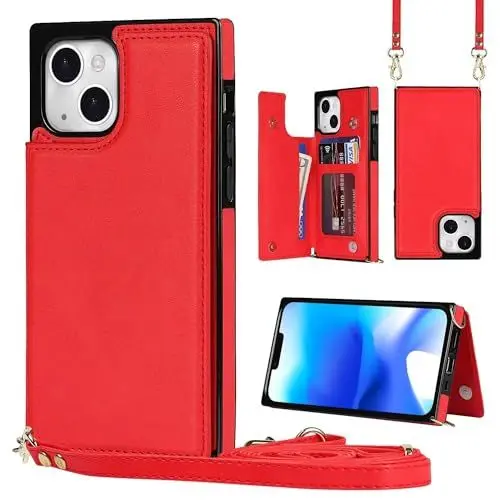 Produktbild: SLWYF Handyhülle für iPhone 13 Hülle,Premium Leder Klappbare Flip Case (Stoßfeste) (Standfunktion) (Kartenfächern) Tasche Schutzhülle für iPhone 13 - Rot